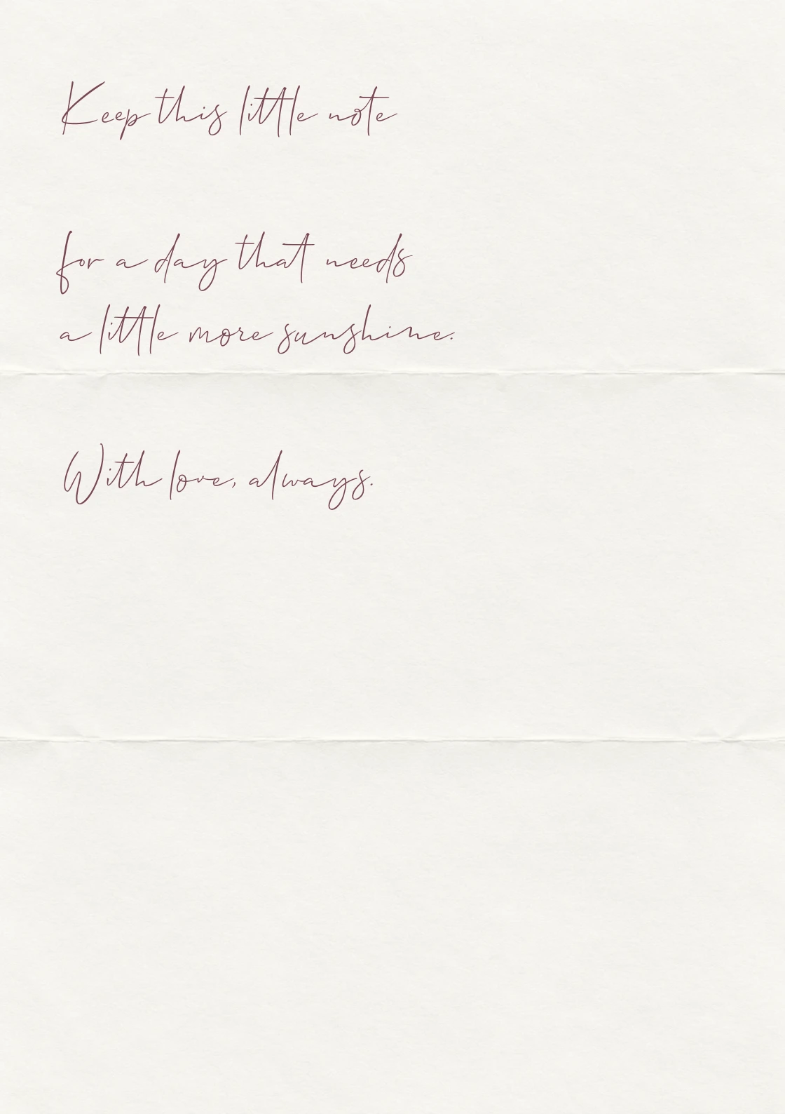 Complete handwritten keepsake note in Allison script on folded cream paper