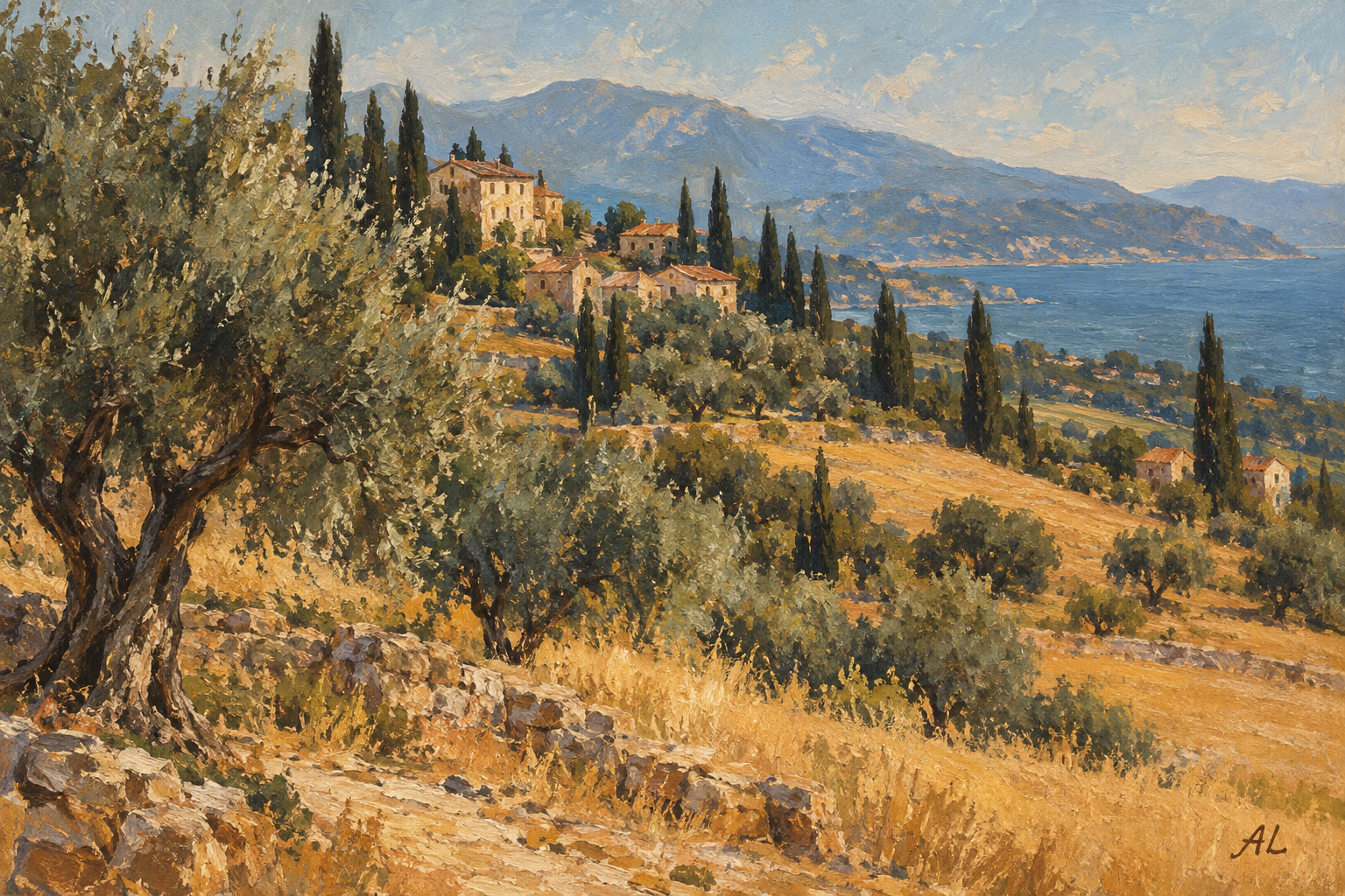 Illustrative oil-painted landscape with small handwritten AL initials in the lower-right corner