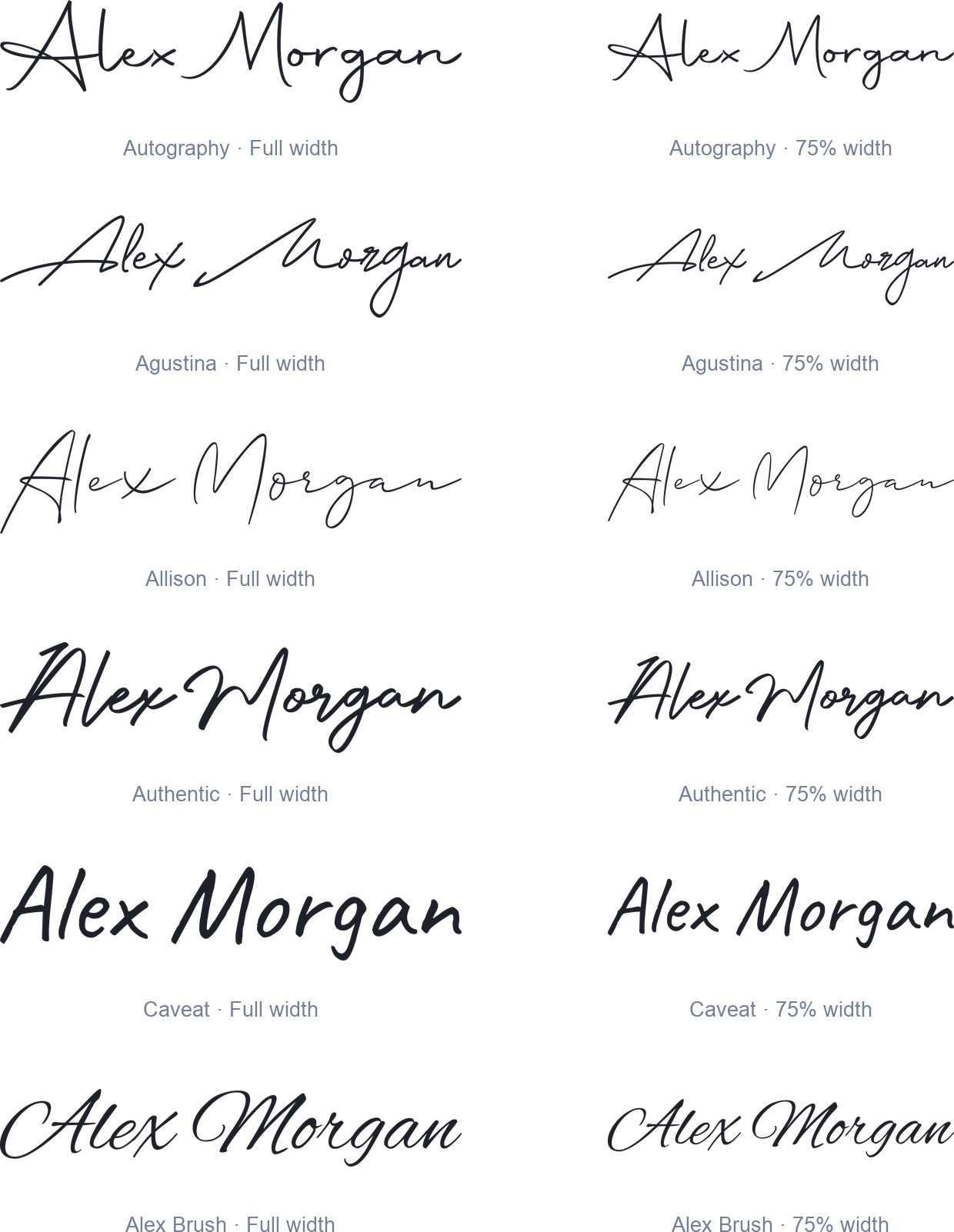 Alex Morgan email signatures in Autography, Agustina, Allison, Authentic, Caveat, and Alex Brush at full and 75% width
