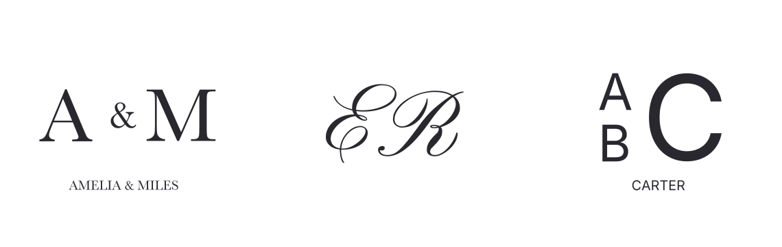 An ampersand pair, flowing initials, and a modern family crest