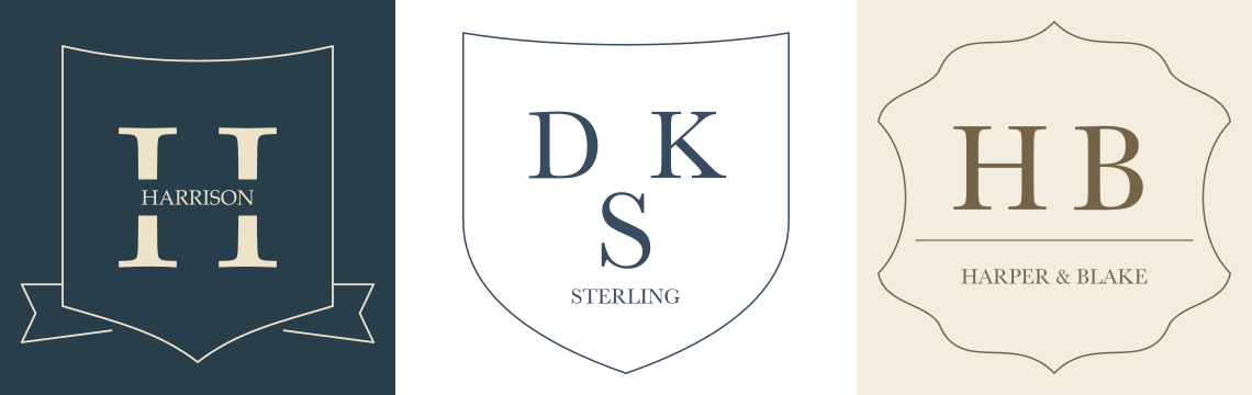 A split family name, shield initials, and a cartouche keepsake