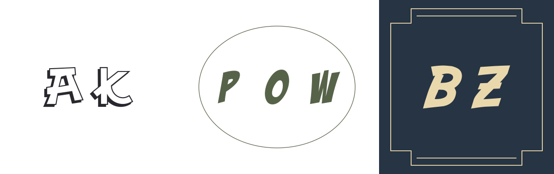 Comic initials, a bold oval badge, and an Art Deco display monogram