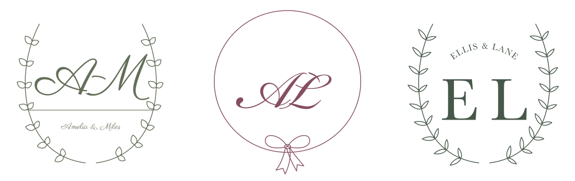 Botanical wedding initials, a ribbon monogram, and a curved-name laurel seal