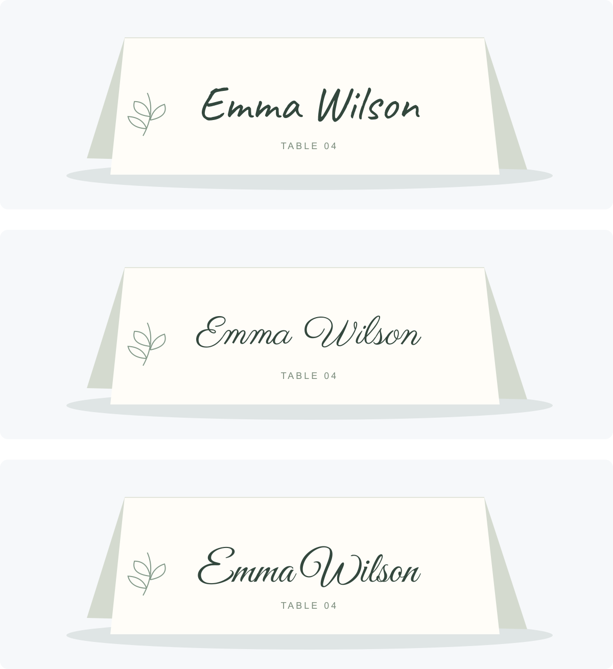 Three matching name-card layouts comparing Emma Wilson in Caveat, Parisienne, and Great Vibes above Table 04
