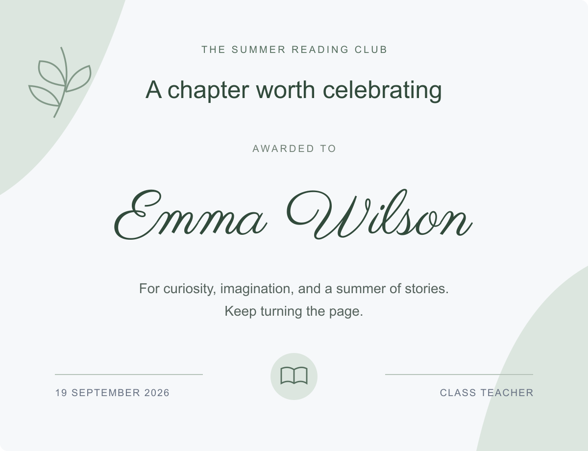 Illustrative reading achievement certificate with Emma Wilson in Parisienne and the award details in plain text