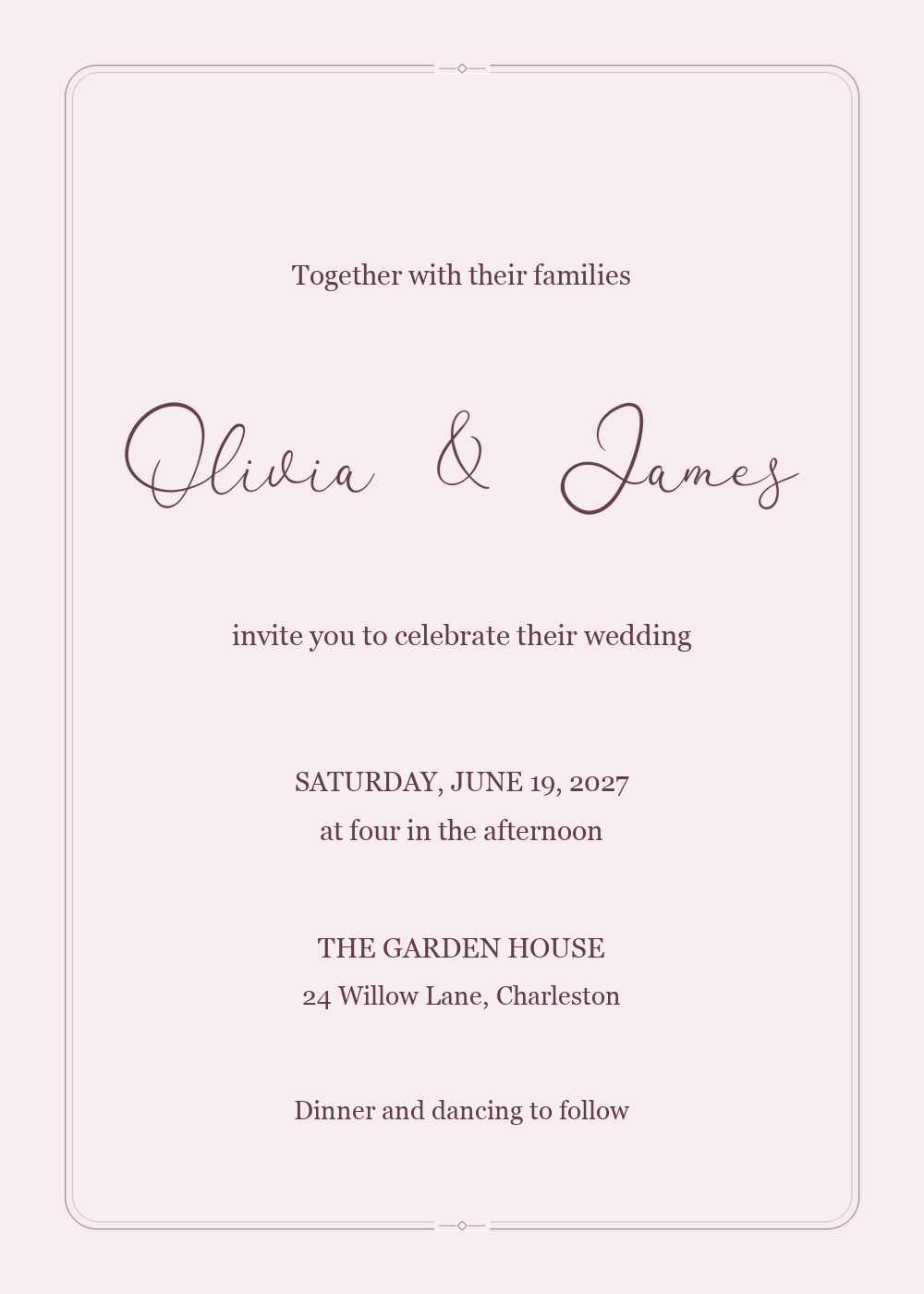 Romantic wedding invitation with fine Flanella calligraphy, Georgia details, and a double-line frame