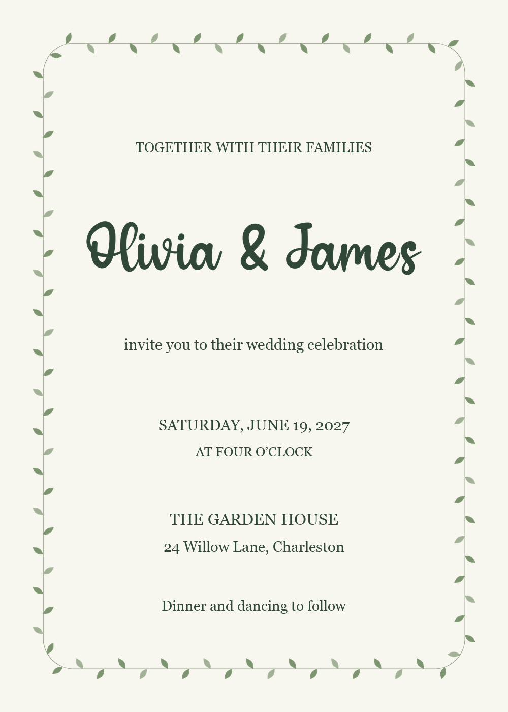 Botanical wedding invitation with green Amellinda Weddings calligraphy and a leafy border