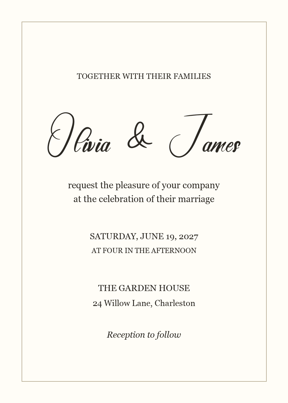 Formal wedding invitation with Elegant Wedding calligraphy, centered Georgia text, and a thin border