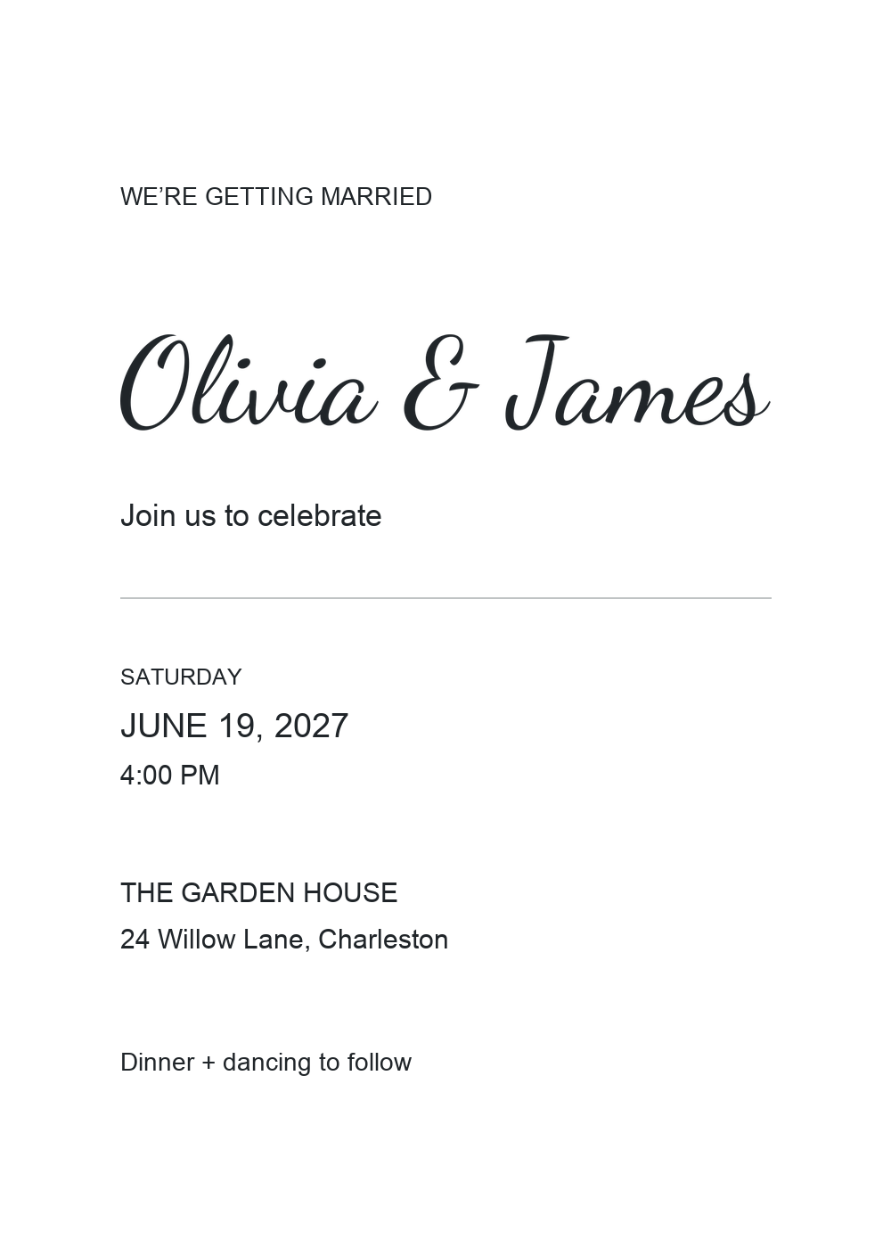 Minimal wedding invitation with Dancing Script names and left-aligned Arial details