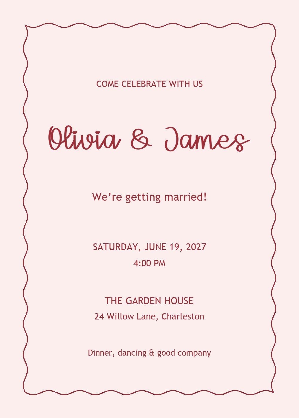 Playful wedding invitation with heart-dotted Angglea Wedding names and a wavy frame