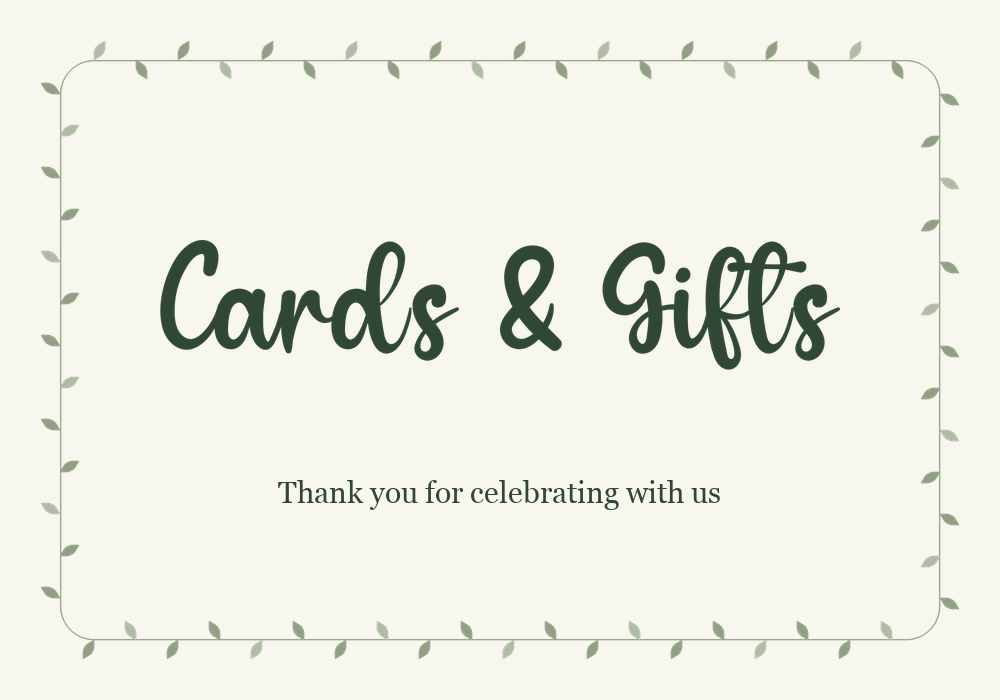 Botanical Cards and Gifts wedding sign with Amellinda Weddings lettering and a leaf border