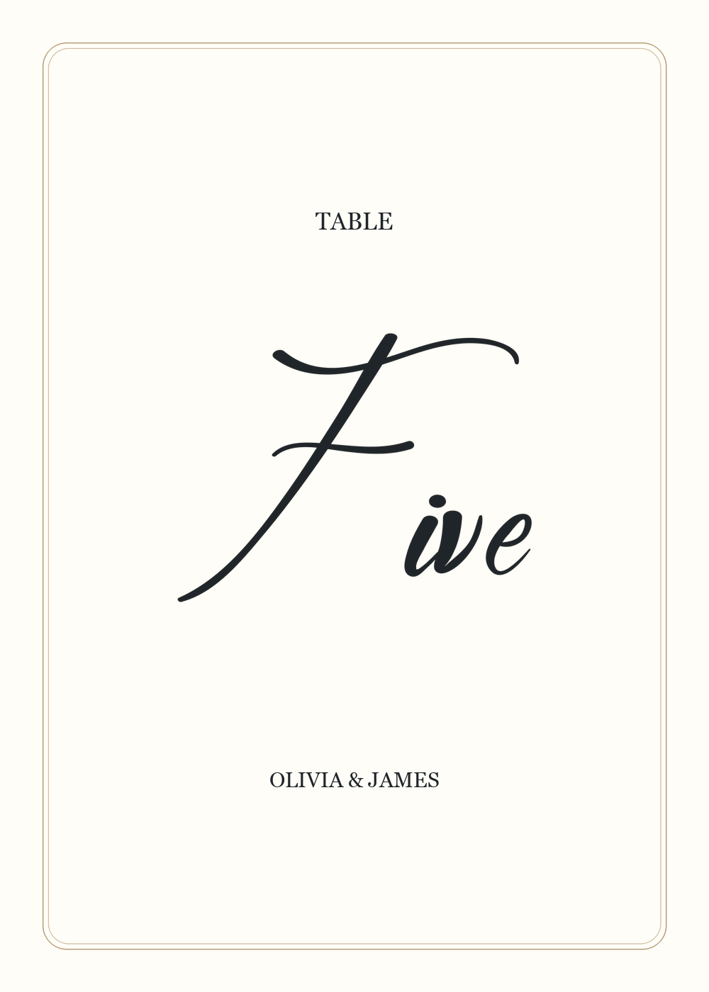 Formal table number Five in Elegant Wedding calligraphy with Georgia details and a thin frame