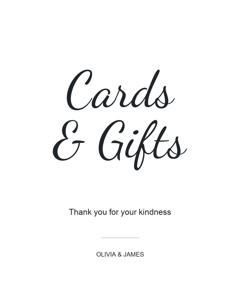 Modern Cards and Gifts wedding sign with two-line Dancing Script lettering and Arial supporting text